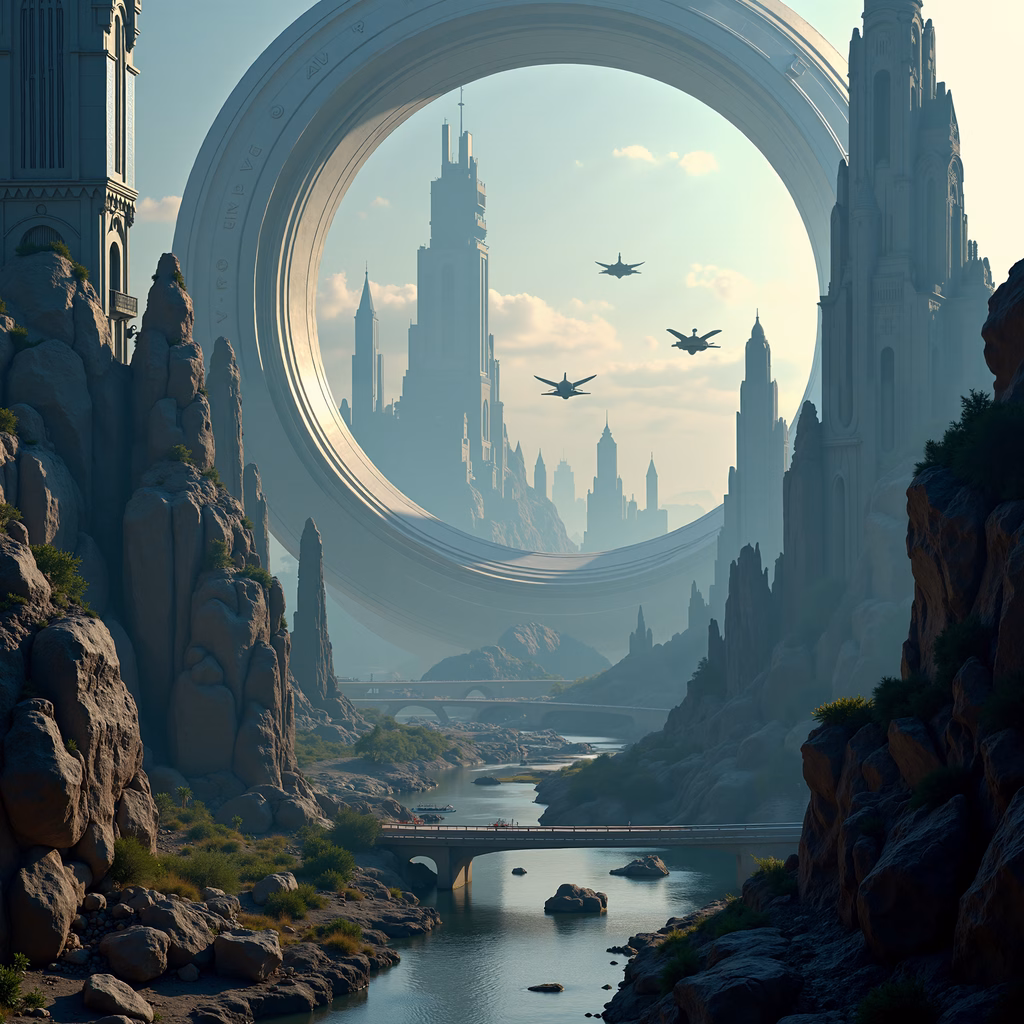 Futuristic city framed by a circular gateway, serene yet dynamic, science fiction.