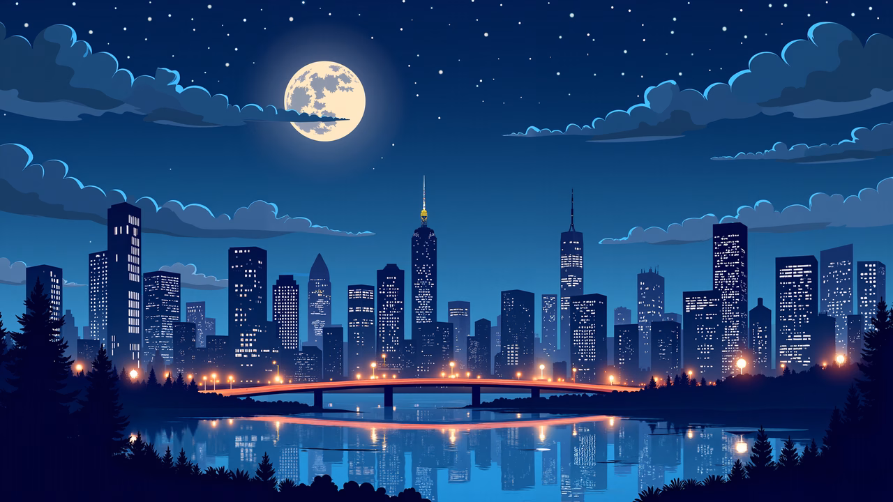 A tranquil night scene over a city skyline, illuminated by moonlight and reflected in calm waters.