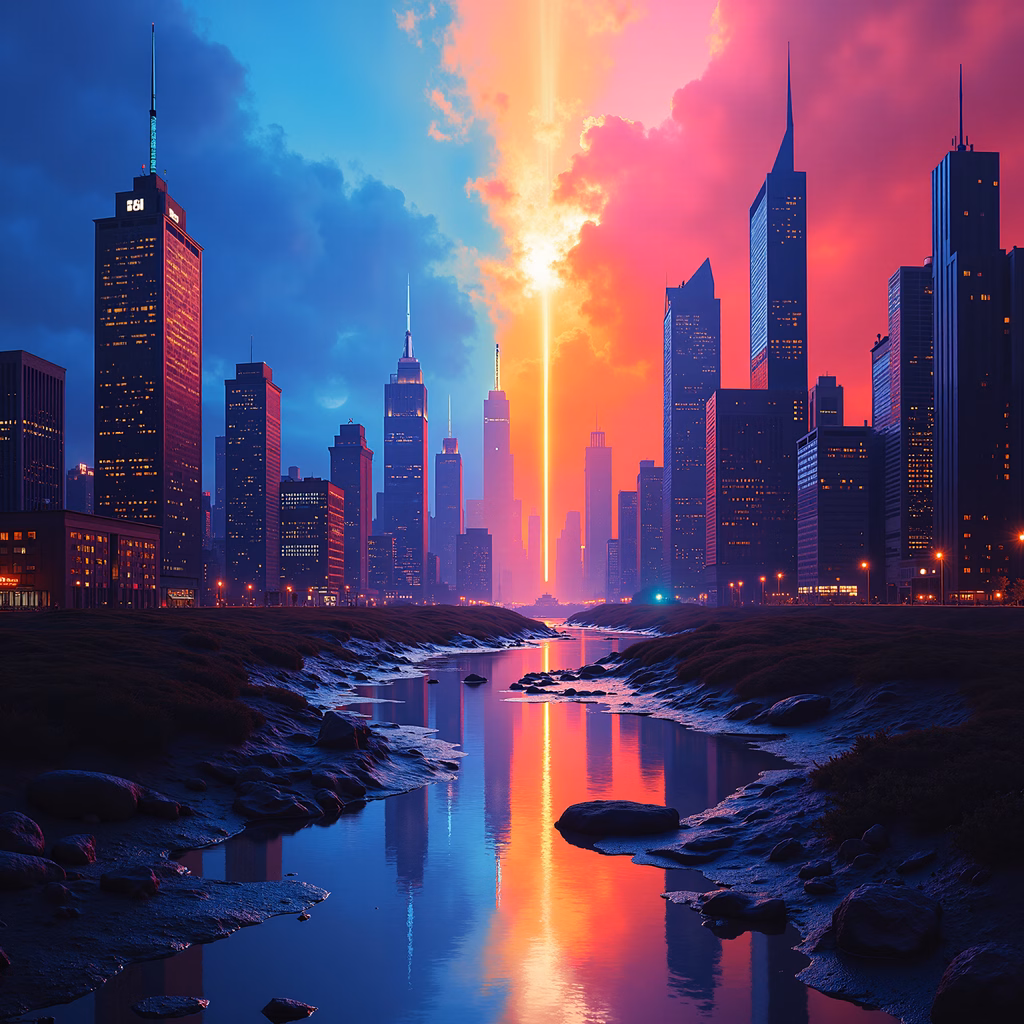A stunning urban sunset scene with a vertical light beam and reflective water.