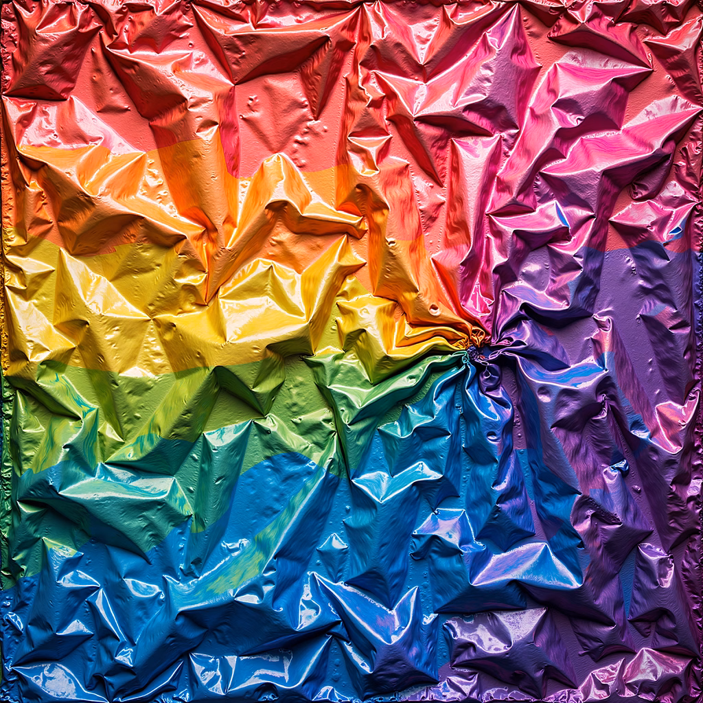 Abstract illustration of crumpled plastic in a rainbow spectrum, glossy and reflective.