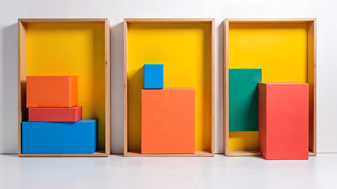 Vibrant geometric shapes in primary colors within wooden frames, creating a modern and bold composition.