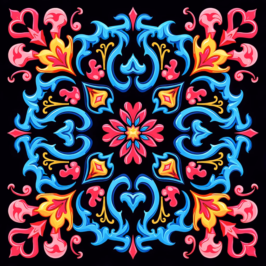Vibrant, symmetrical pattern with bold colors on a black background.