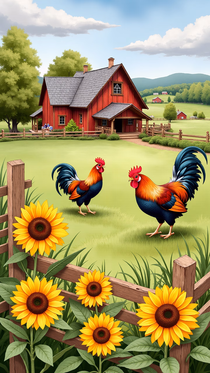 A charming country farm scene with roosters and sunflowers.