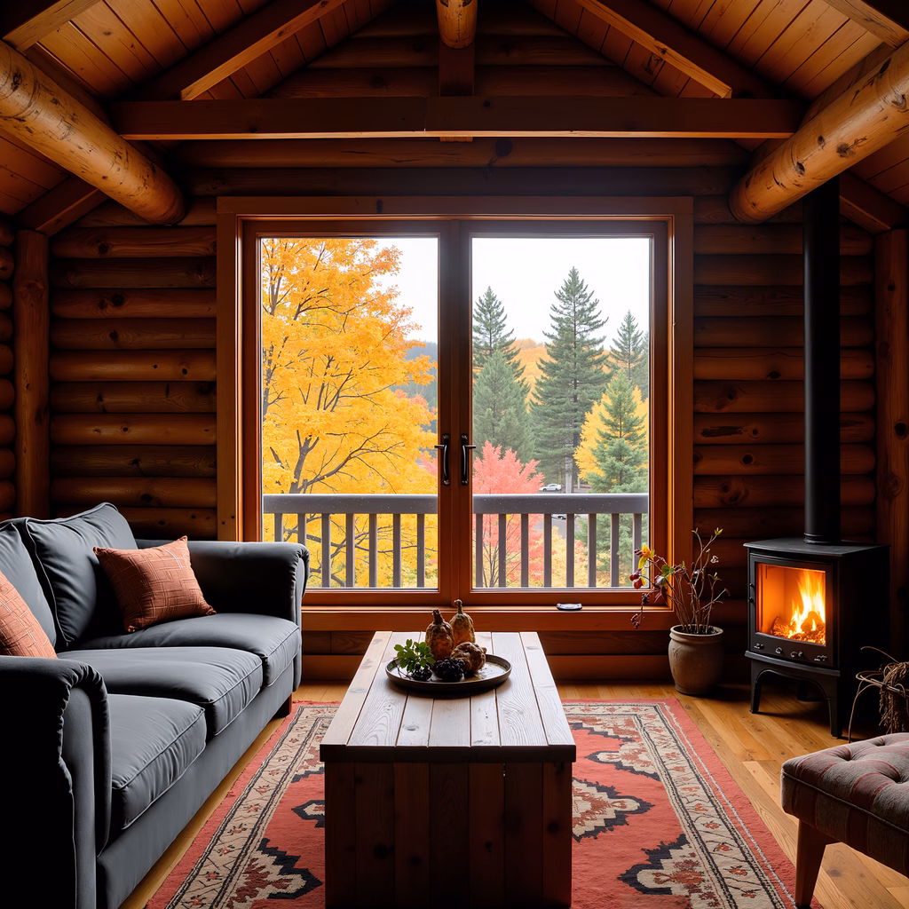 Warm cabin interior with autumn views and cozy fireplace.