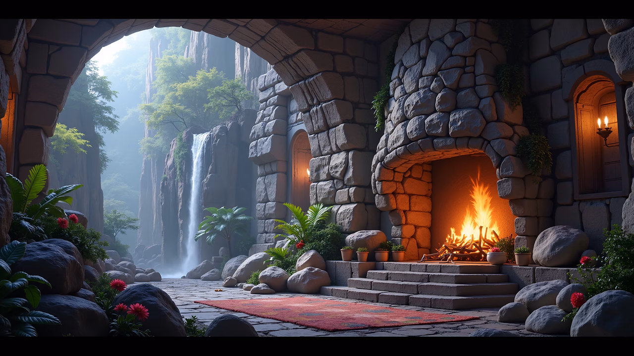 A cozy fireplace scene with a serene outdoor backdrop featuring a waterfall.