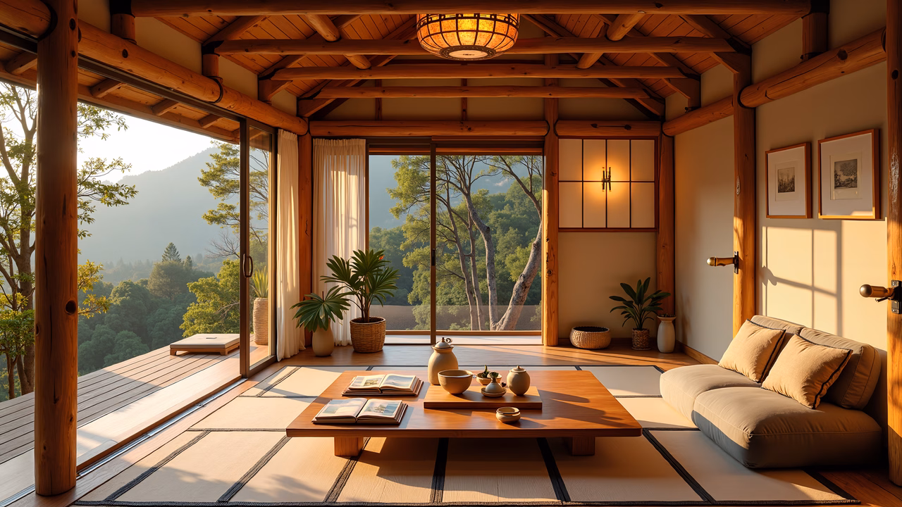 A tranquil Japanese tea house interior with natural light and traditional elements.