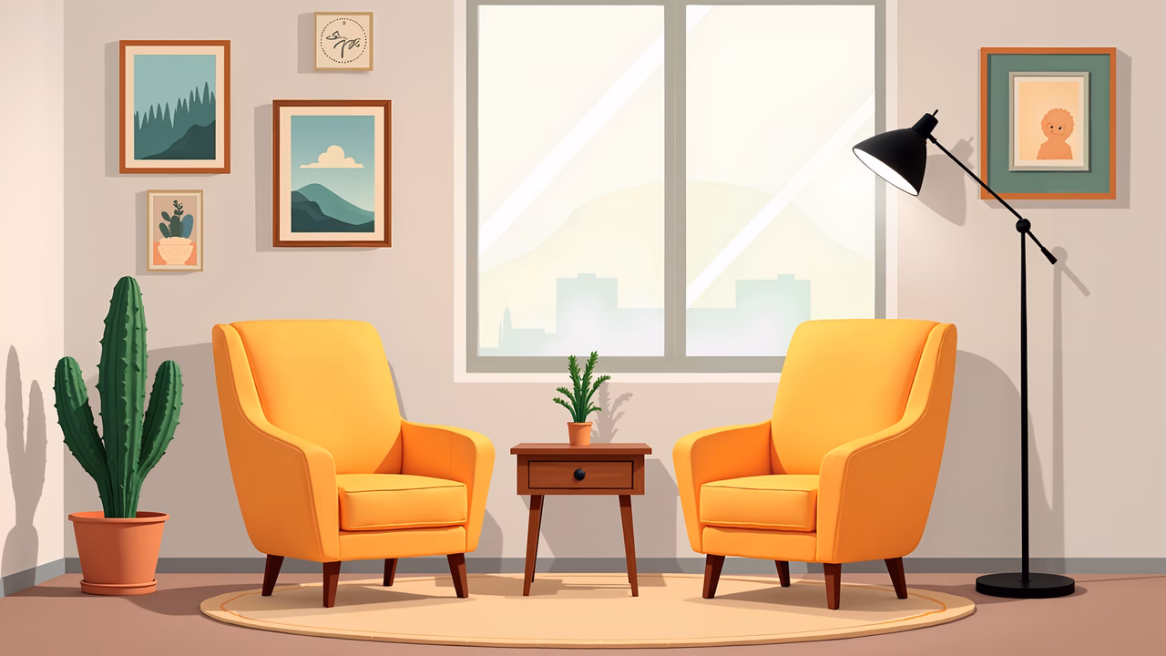 A cozy living room with orange armchairs and nature-inspired decor.