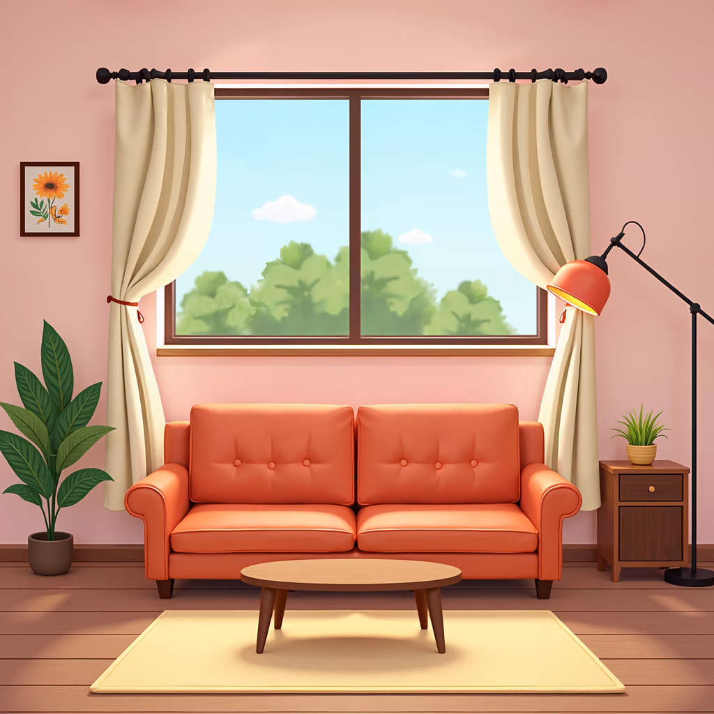 A cozy living room with a vibrant orange sofa and a serene outdoor view.