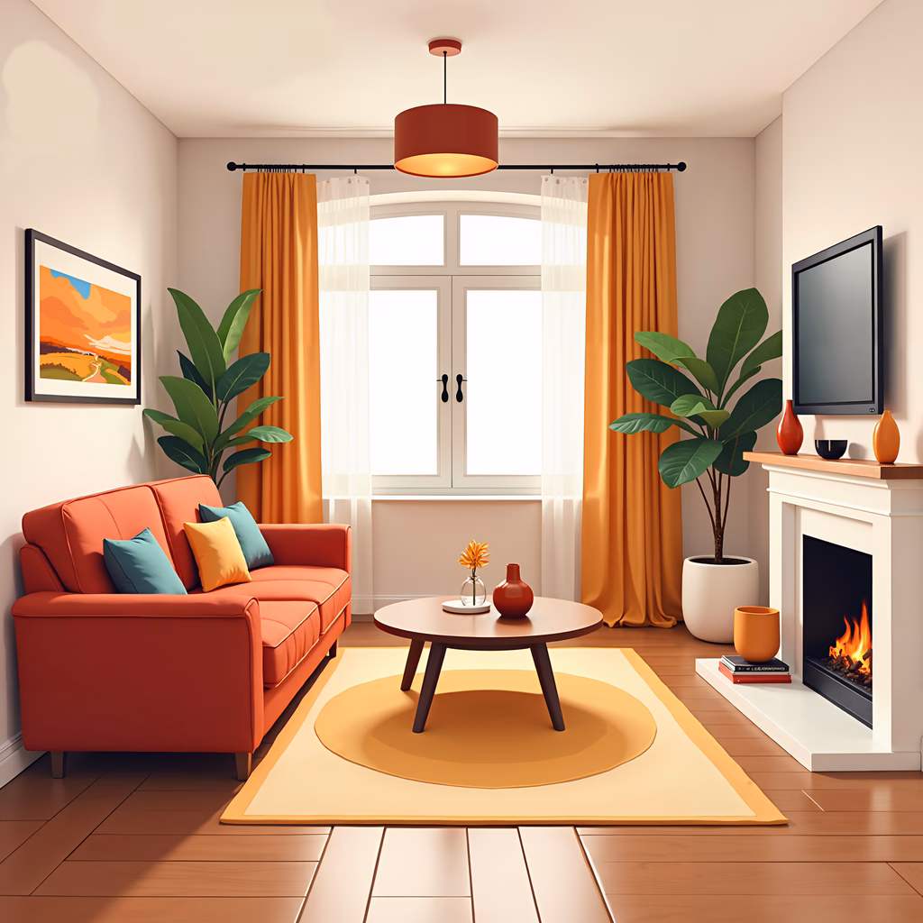 Warm and inviting living room with orange accents and natural light.