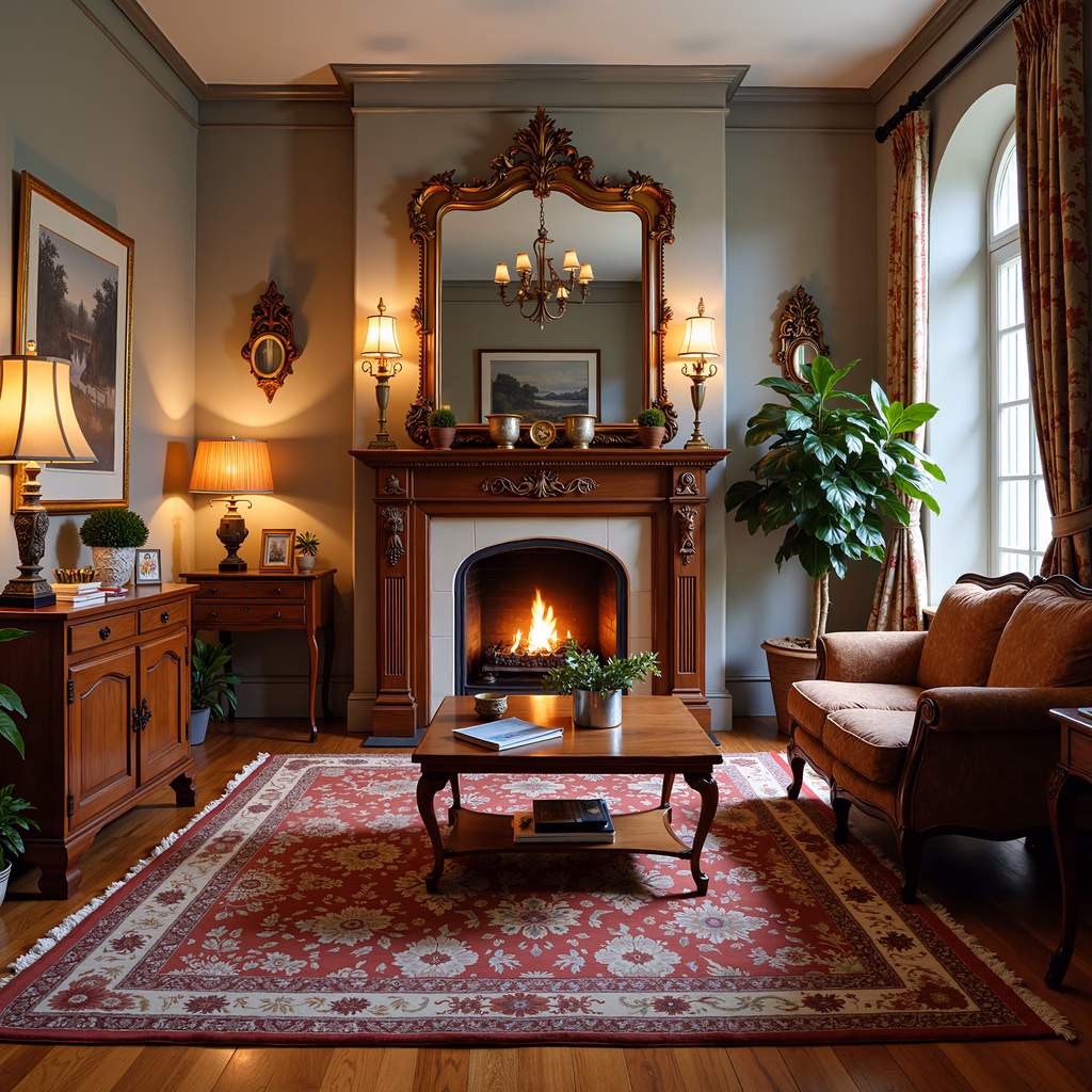 Warm and inviting living room with a cozy fireplace and floral rug.