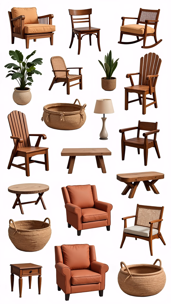 A collection of cozy wooden furniture for interior design enthusiasts.
