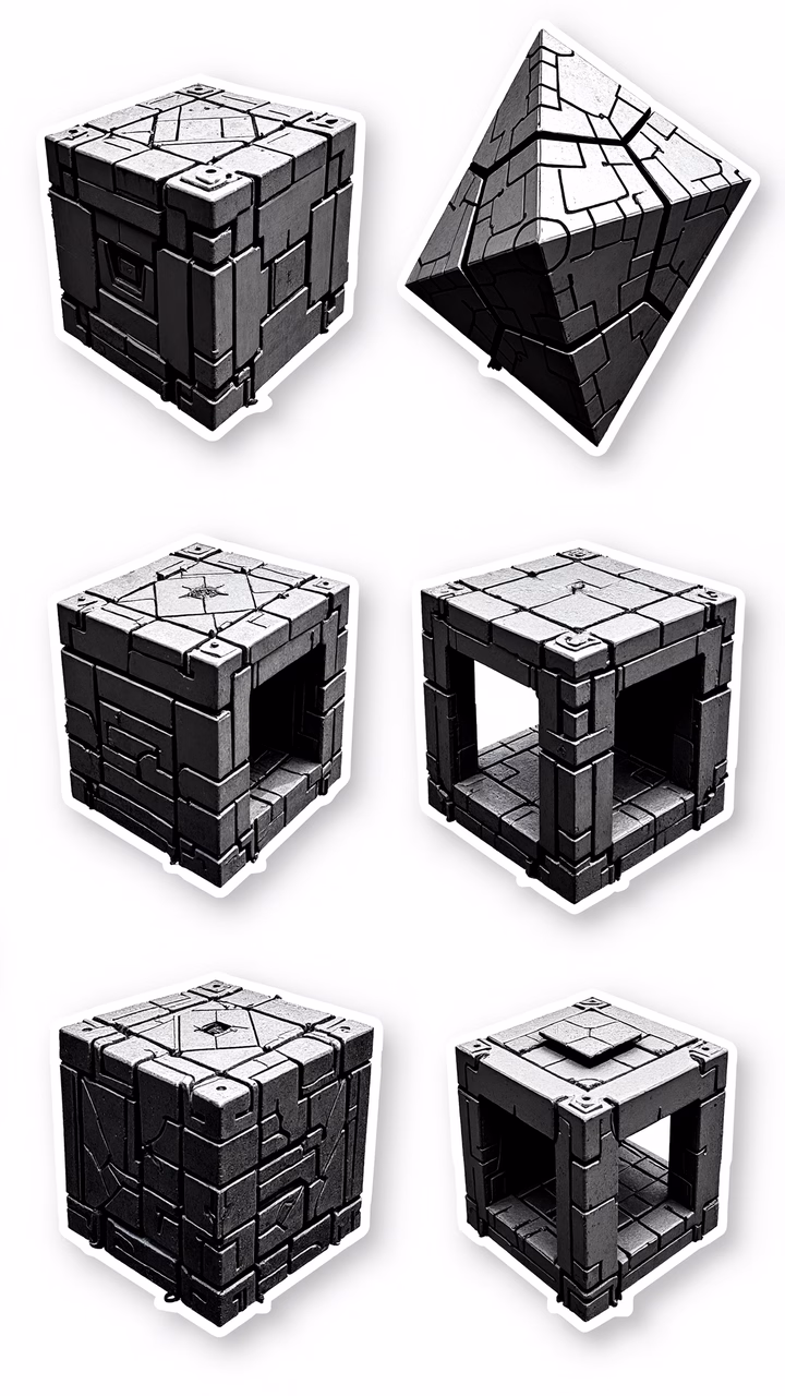 Monochrome, textured, geometric cubes in a structured arrangement.