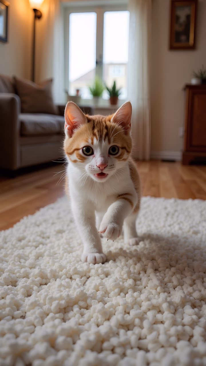Curious kitten exploring a cozy living room.