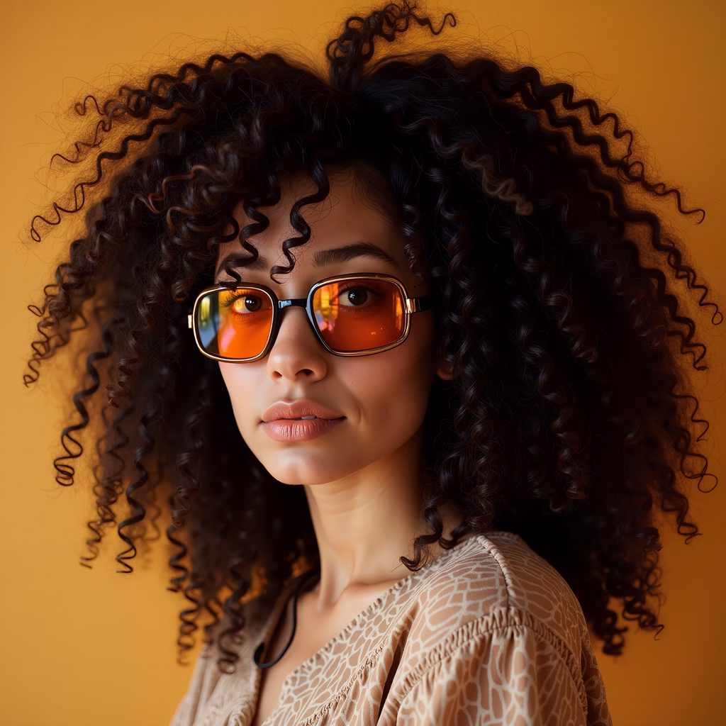 Confident portrait of a woman with curly hair and stylish sunglasses against a warm backdrop.