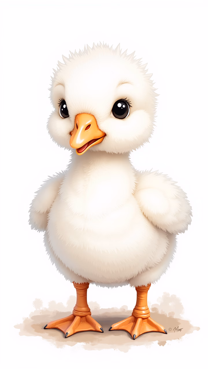 A cute baby duck with fluffy white feathers and bright orange feet.
