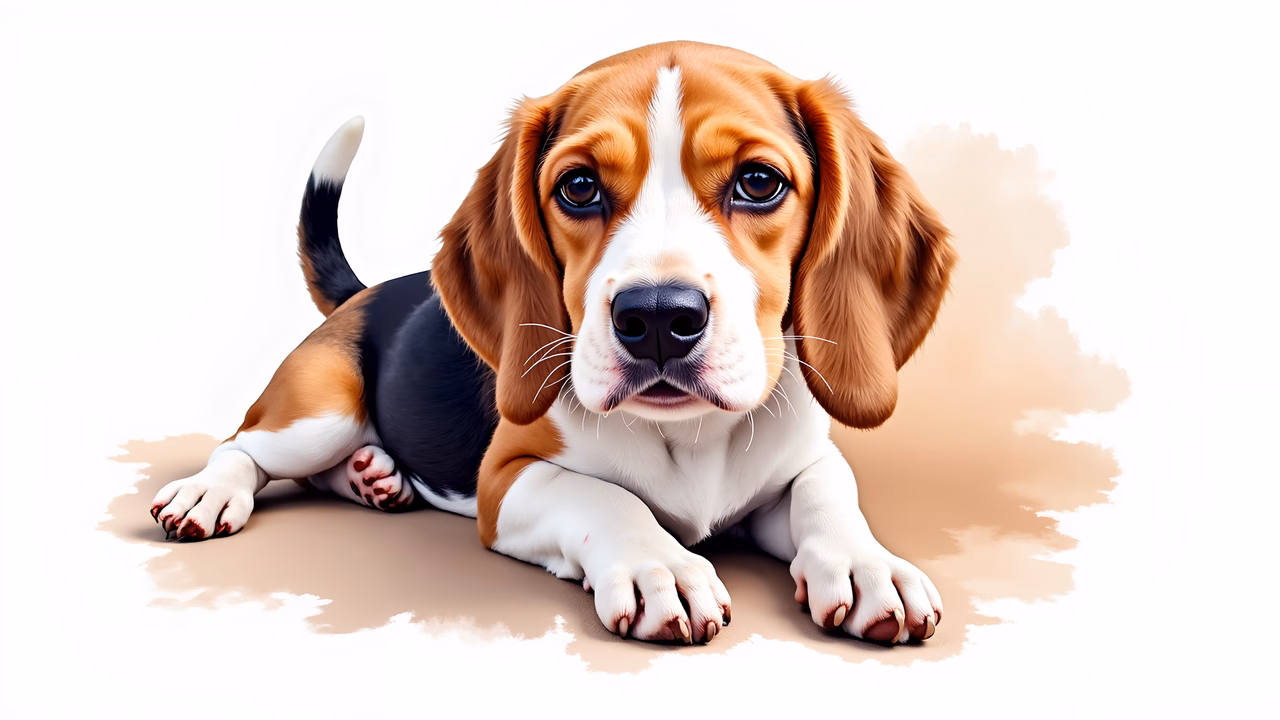 A cute beagle puppy in a warm, minimalist illustration.