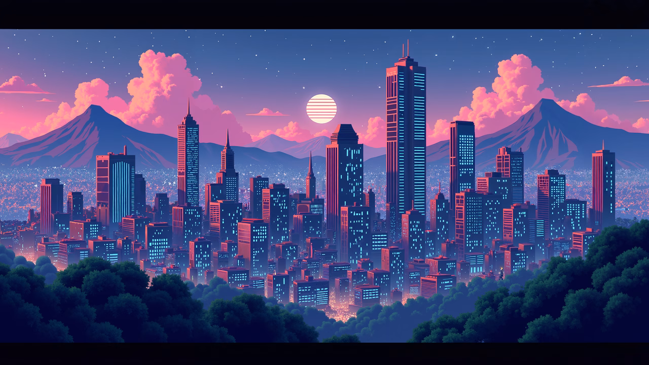 Vibrant neon cityscape with towering skyscrapers and distant mountains under a full moon.
