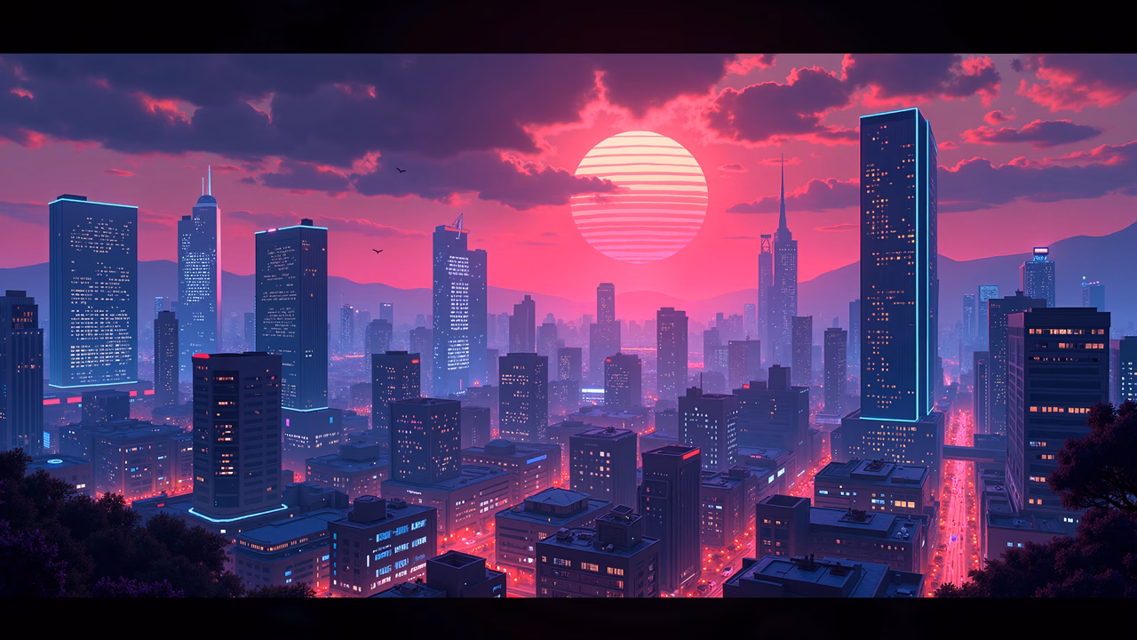 A cyberpunk-inspired cityscape with neon-lit skyscrapers and a glowing sunset.