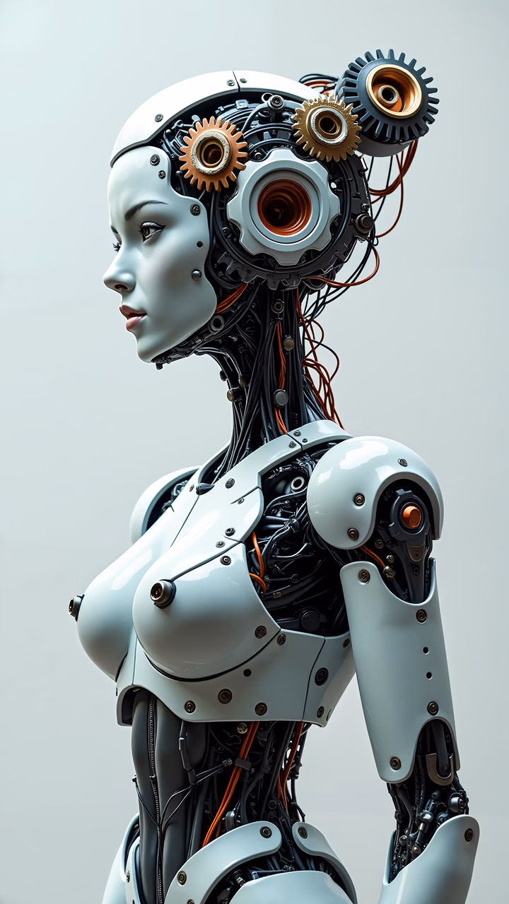 Futuristic cyborg woman with mechanical gears and wires, blending human and machine elements in a cyberpunk-inspired style.