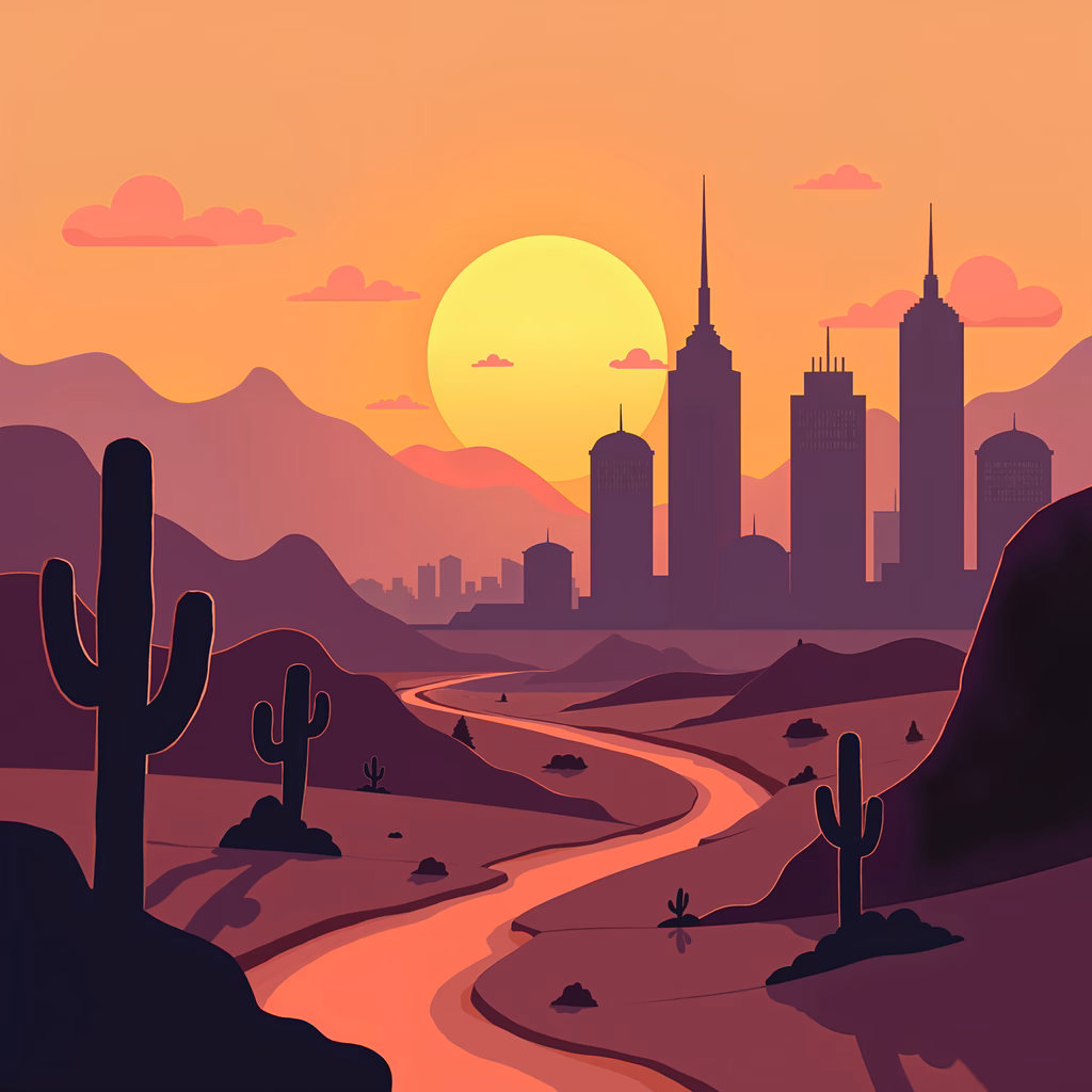 A peaceful desert cityscape at sunset, blending natural and urban elements.