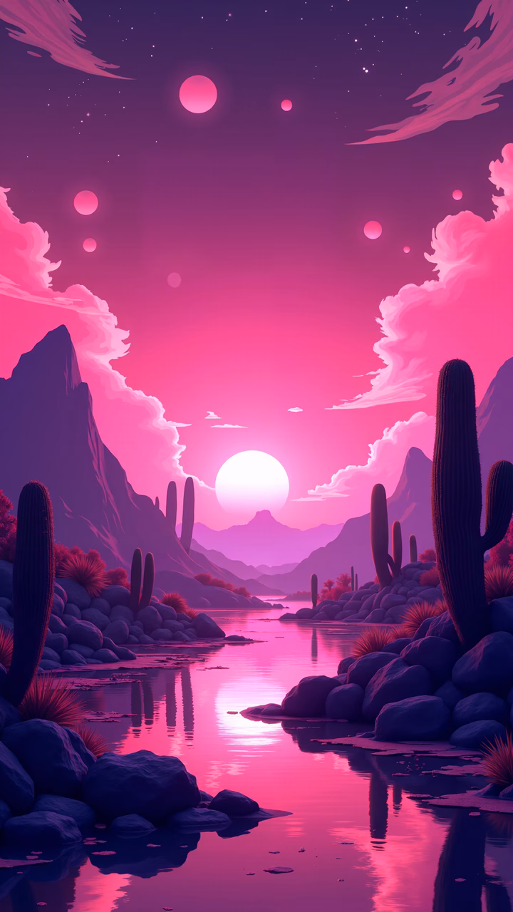 A tranquil desert sunset with cacti and mountains reflected in a calm river.