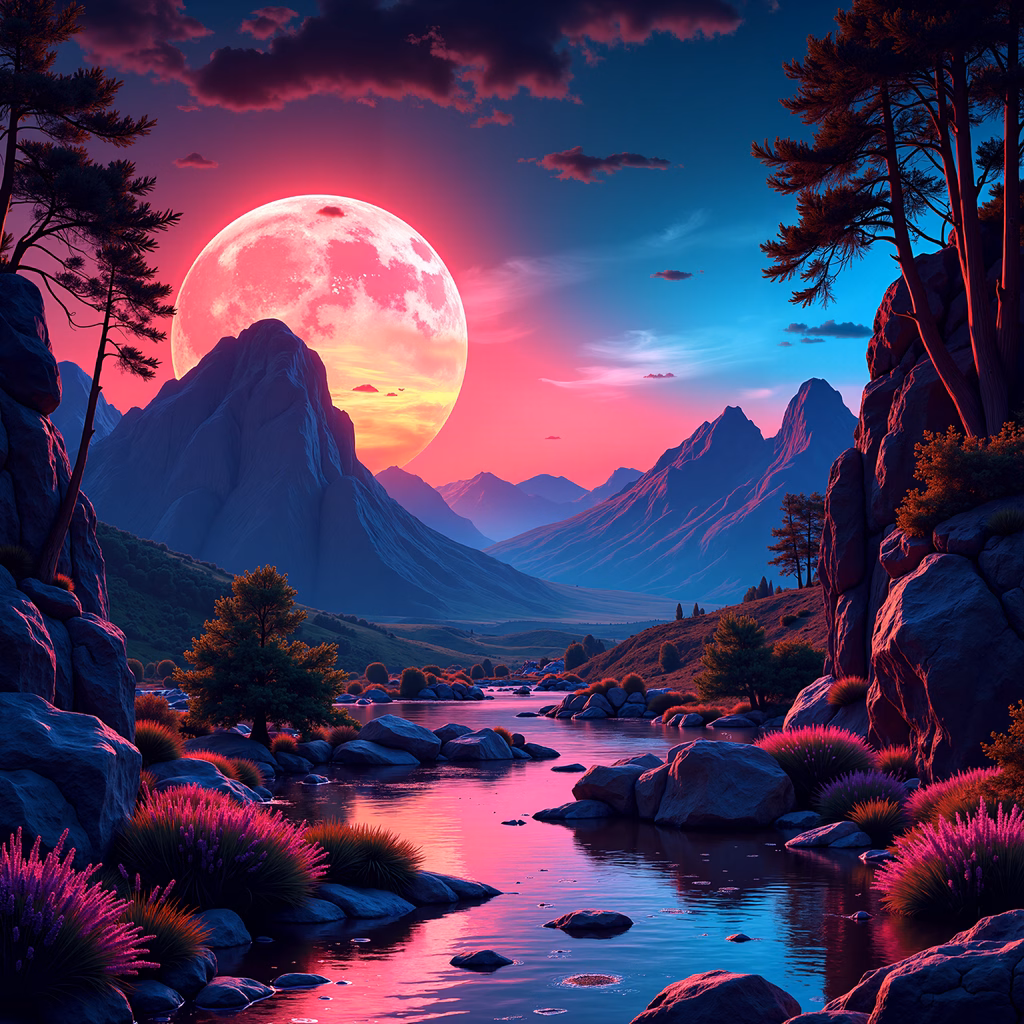 A tranquil sunset scene with a glowing moon and vibrant purple hues.