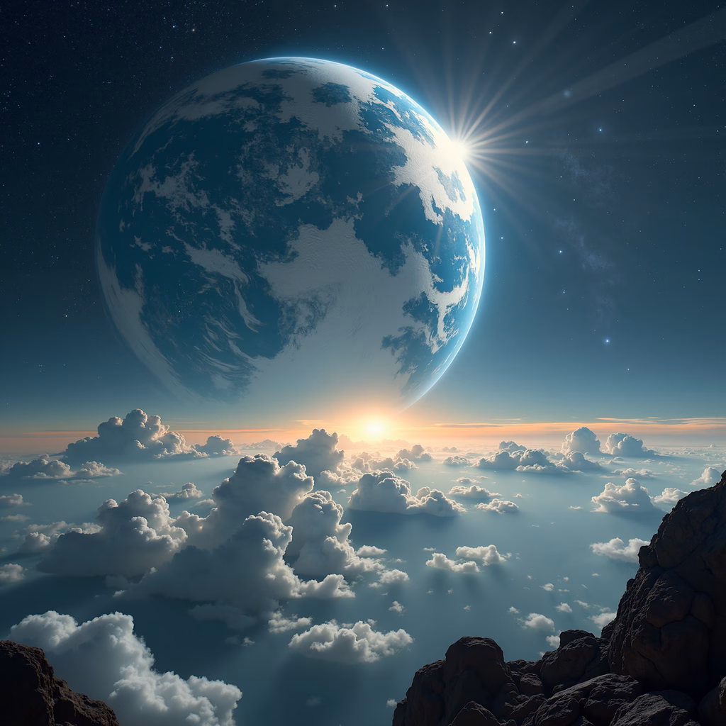 A mesmerizing depiction of Earth rising over a cloud-filled horizon, illuminated by the sun’s radiant light.