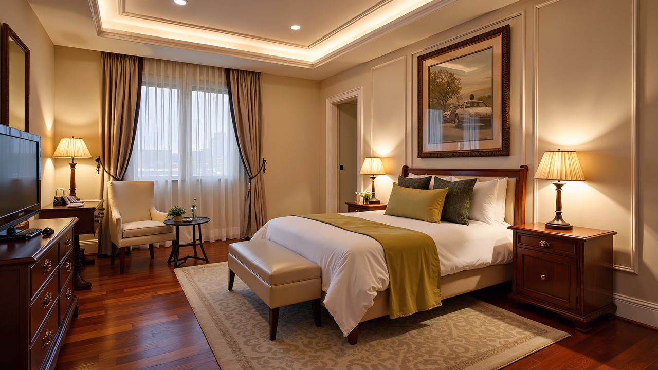 Warm and inviting luxury hotel suite with elegant design and soft lighting.