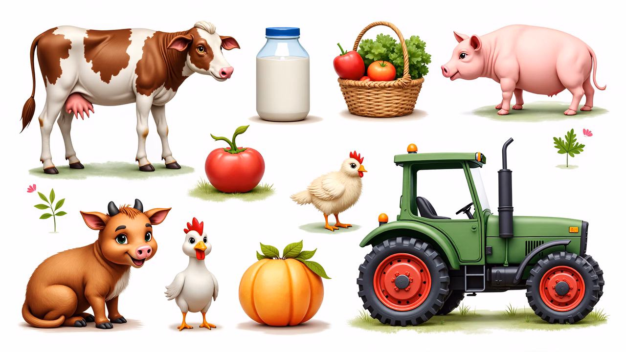 Brightly colored farm animals and a tractor in a cartoon-style illustration.