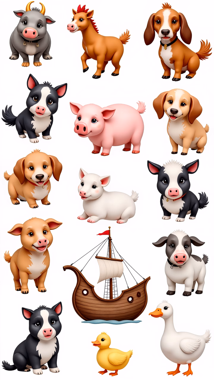 Cute farm animals in a cartoonish style.