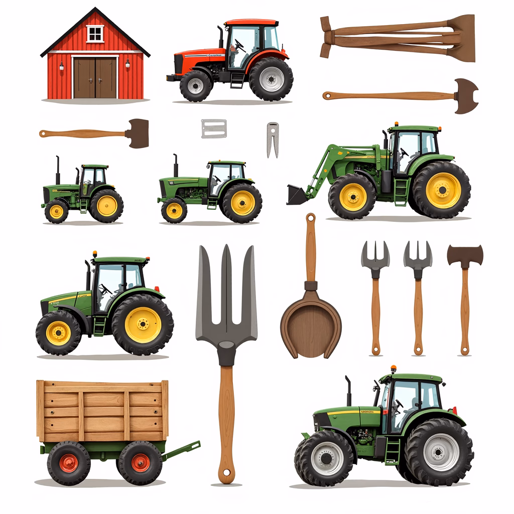 A collection of colorful farm equipment illustrations.