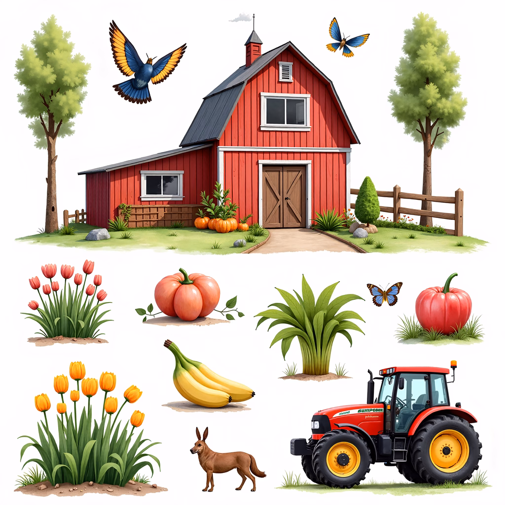 A charming farm scene featuring a red barn, flowers, pumpkins, and a tractor.