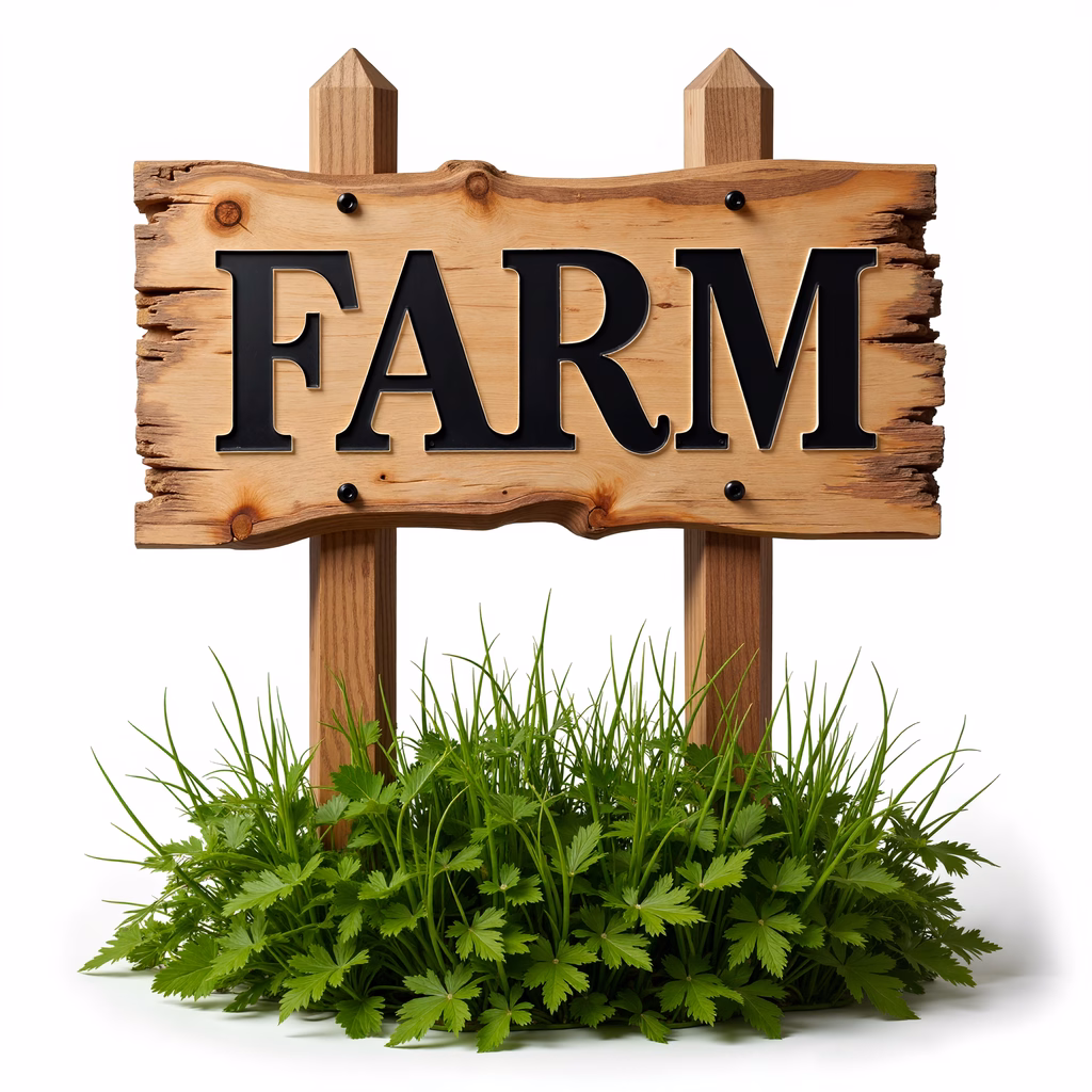 Rustic farm sign with bold lettering and greenery surrounding it.