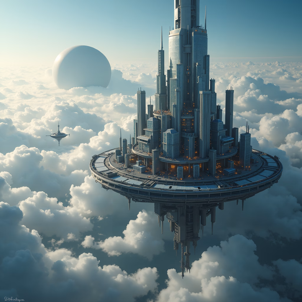 A futuristic floating city amidst clouds, blending science fiction with serene beauty.