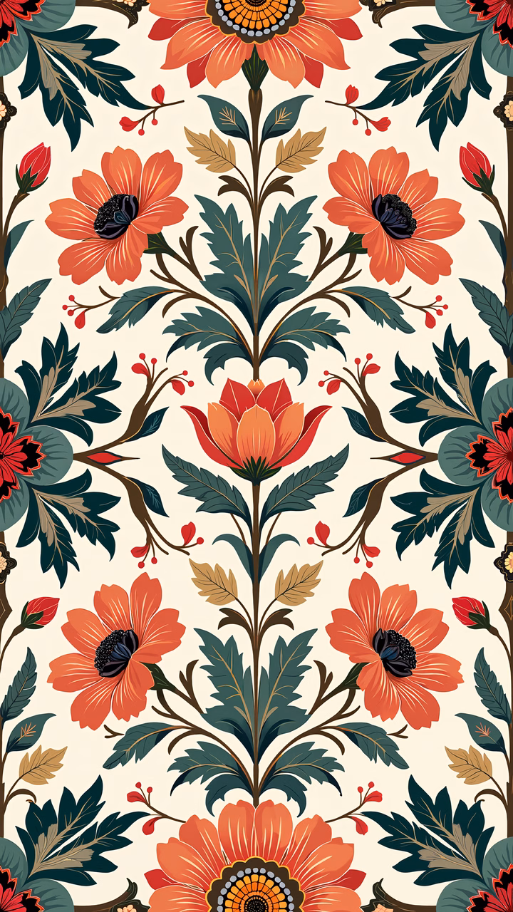 Vibrant floral pattern with detailed orange flowers and green leaves on a neutral background.