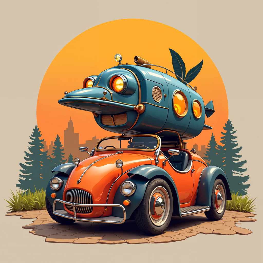 Vintage car with fish top, vibrant sunset, whimsical adventure