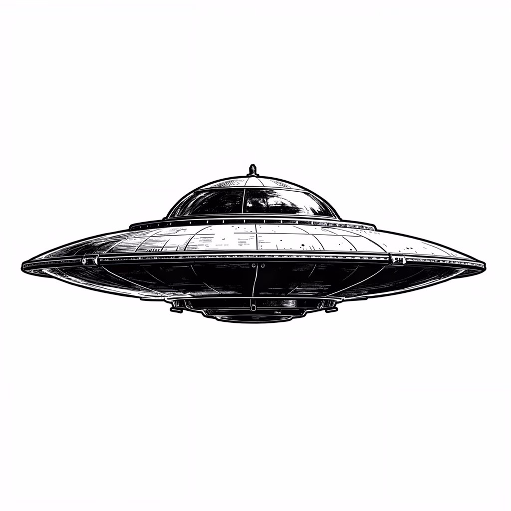 Monochrome illustration of a flying saucer, blending science fiction with mystery.
