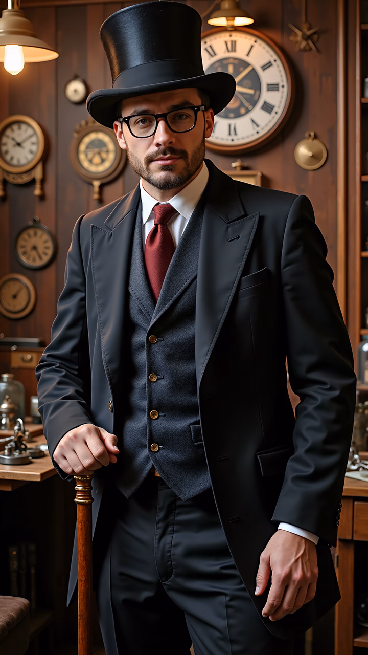 Elegant gentleman in a vintage setting, wearing a top hat and suit, surrounded by antique clocks.