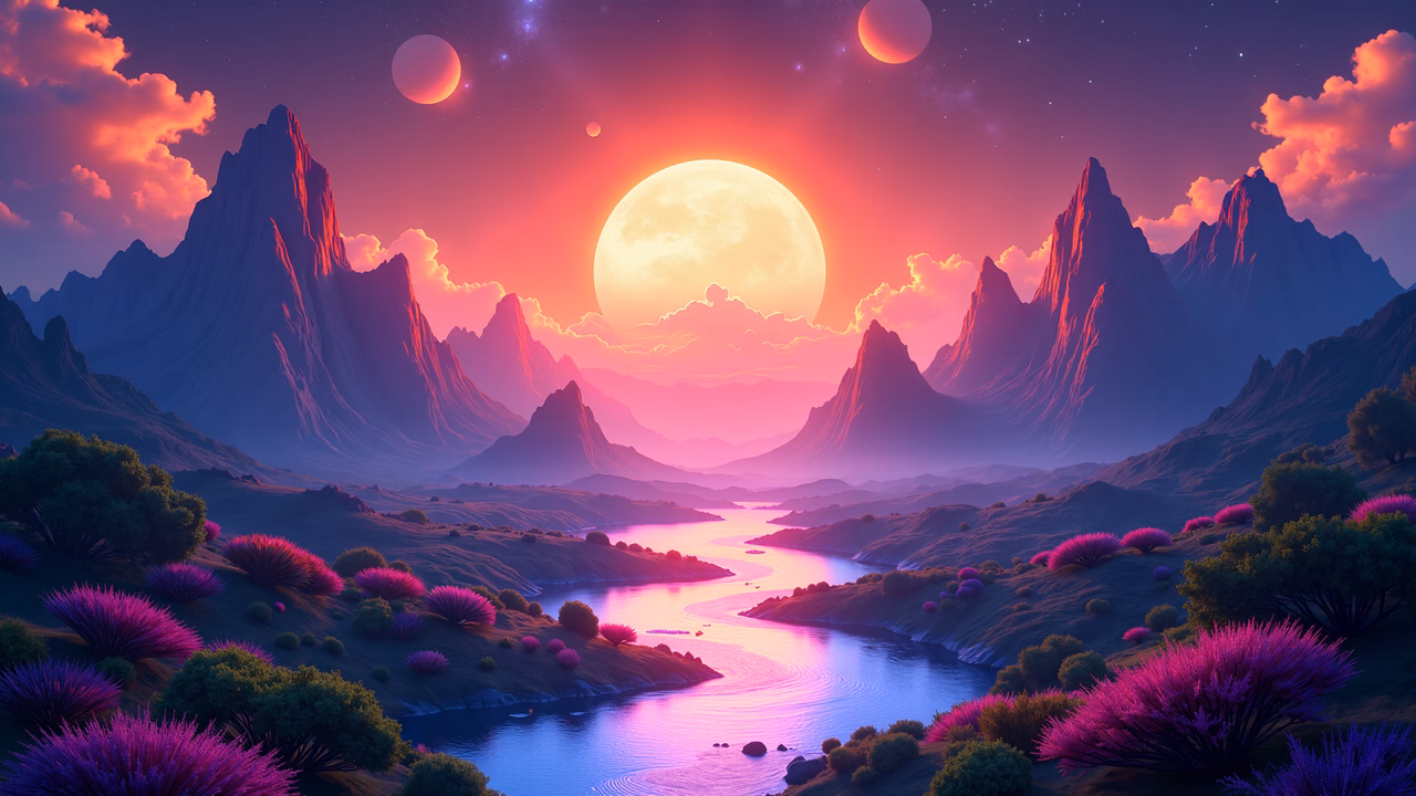 A fantastical landscape with multiple moons and vibrant colors, perfect for sci-fi enthusiasts.