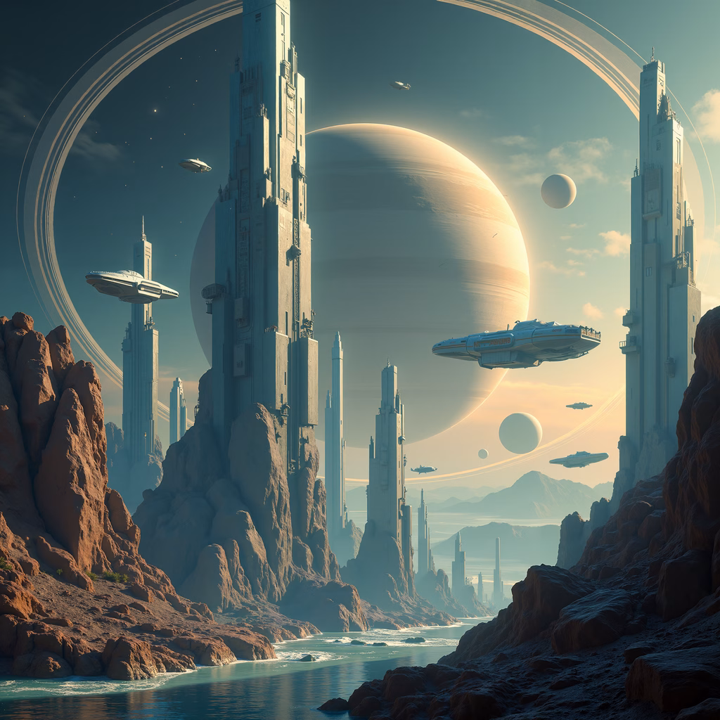 A futuristic cityscape with flying spaceships and a large planet, blending science fiction with vibrant colors.
