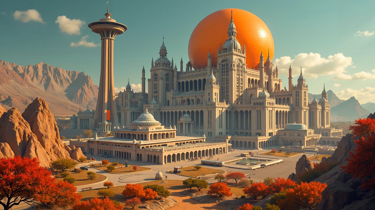 A majestic futuristic palace with an orange dome amidst autumn scenery and classical architecture.