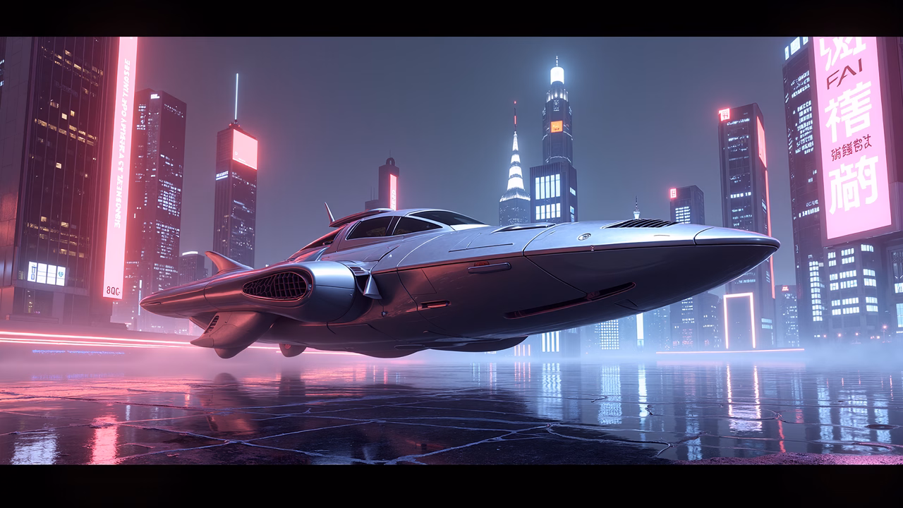 Futuristic spaceship soaring above a neon-lit metropolis at night.