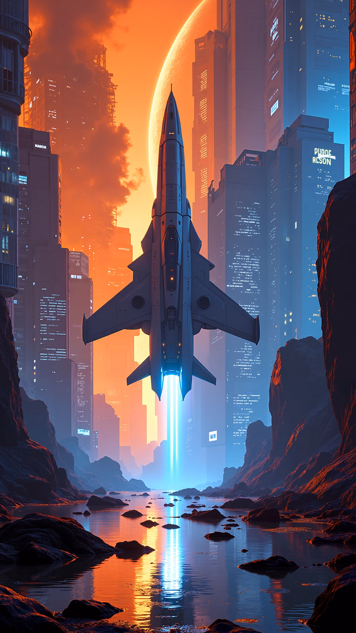 A futuristic spaceship launching amidst a vibrant sci-fi cityscape.