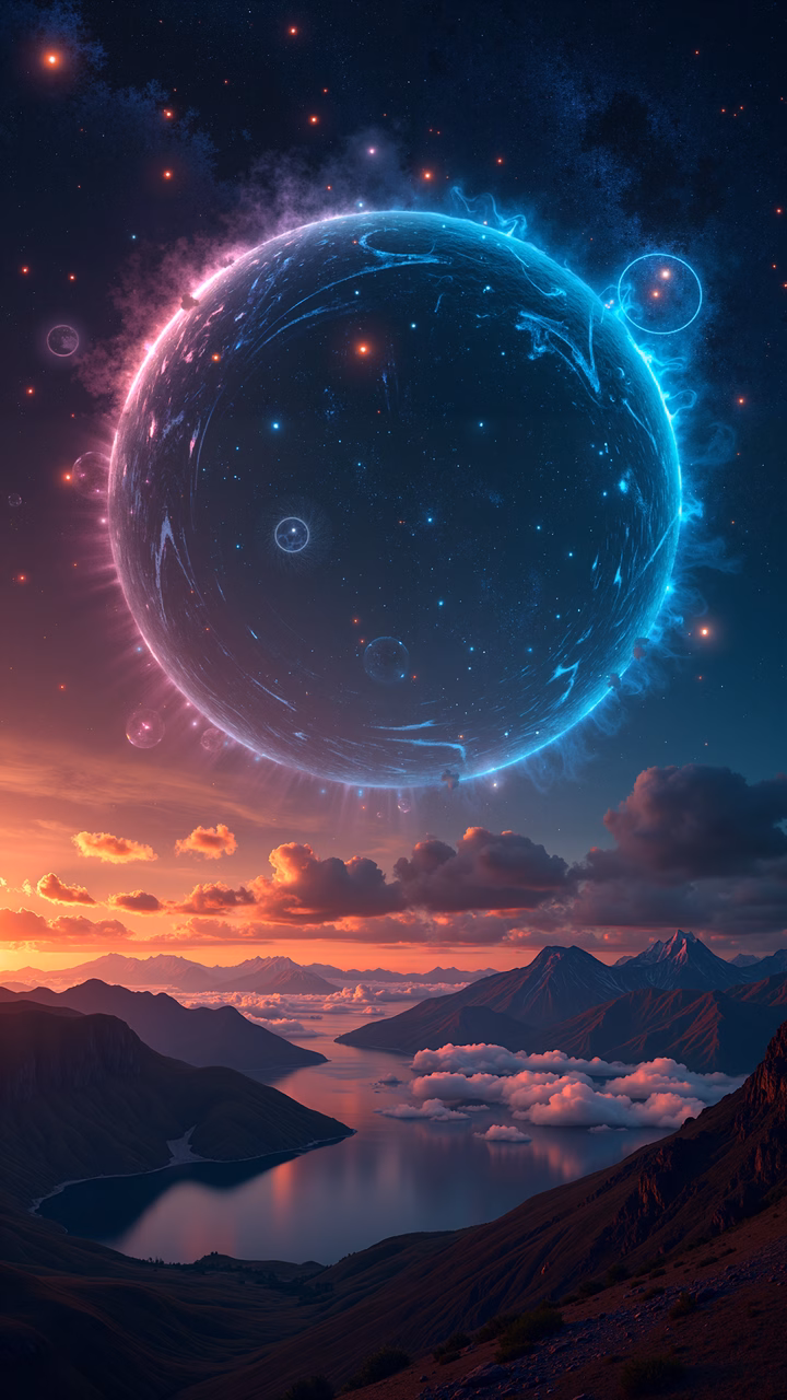 A mesmerizing illustration of a planet rising over a tranquil landscape under a vibrant sky.