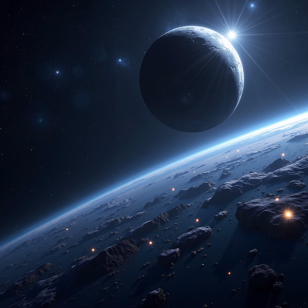 A mesmerizing view of a distant planet under a starlit sky, blending cosmic beauty and mystery.