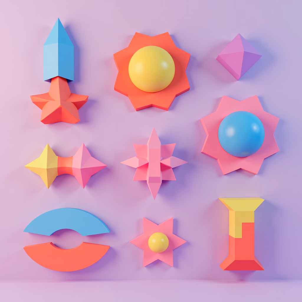 Vibrant geometric shapes in pastel colors on a lavender background.