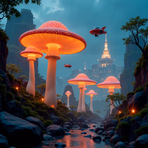 Glowing Mushrooms Fantasy Illustration