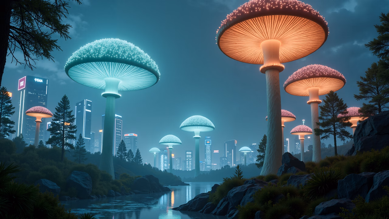 Glowing mushrooms in a futuristic cityscape, blending nature and technology.