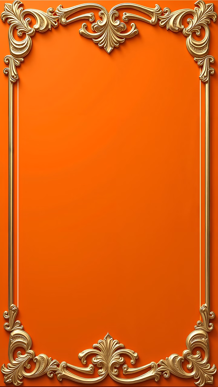 Elegant golden frame with intricate designs on a vibrant orange background.