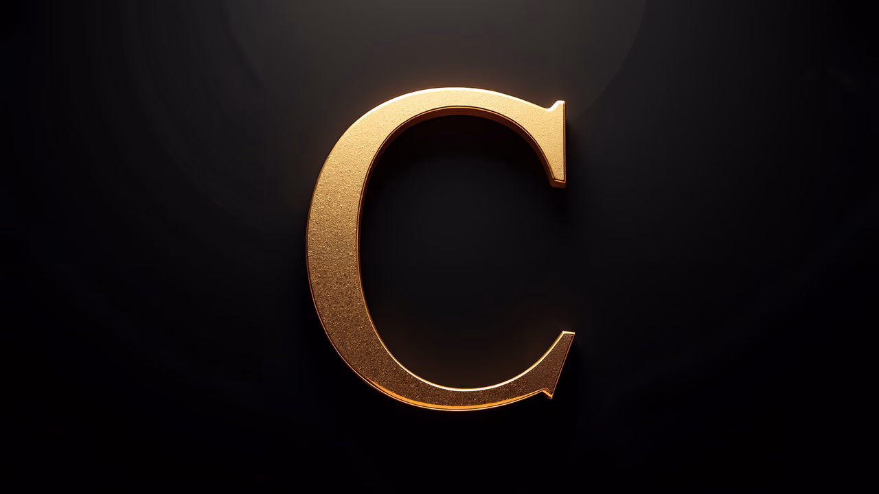 Metallic gold letter 'C' on a black background